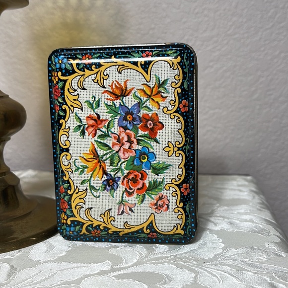 England Made Little Floral Tin Treasure Box Hinged Black Floral - Picture 1 of 10